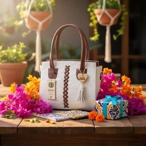 Floral White & Brown Cross Stitch Embossed Tooled Artisan LEATHER Bag Purse Tote
